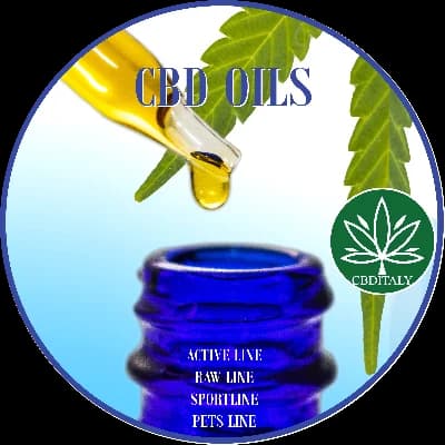 CBDITALY CBD Oils category – Active, Raw, Sport and Pets lines, golden oil dropper over blue glass bottle